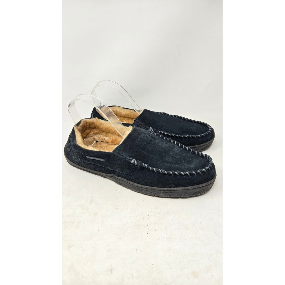 Eddie Bauer Westhaven Mens Suede Moccasin Slippers Black Faux Fur Lined XL 11-12